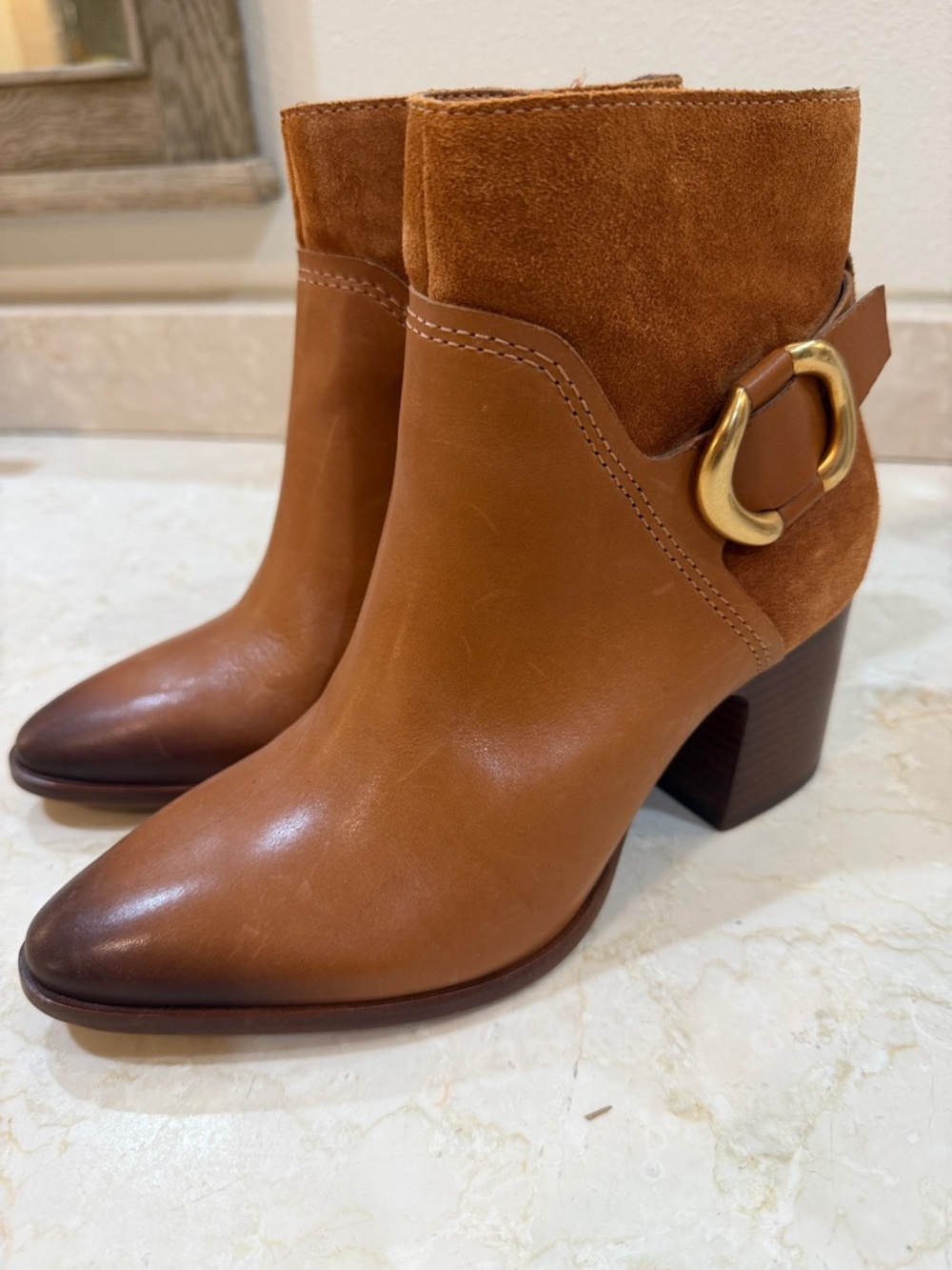 Vince Camuto Women’s Tan Leather & Suede Ankle Boots with Gold Buckle size 6